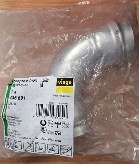 Viega Sanpress Inox könyök idom, 54 BB, préselhető, SC-Contur, rm. acél